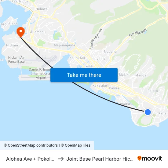 Alohea Ave + Pokole St to Joint Base Pearl Harbor Hickam map