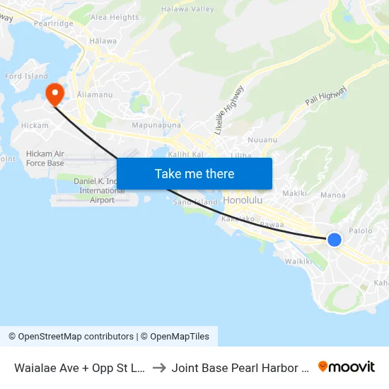 Waialae Ave + Opp St Louis Dr to Joint Base Pearl Harbor Hickam map