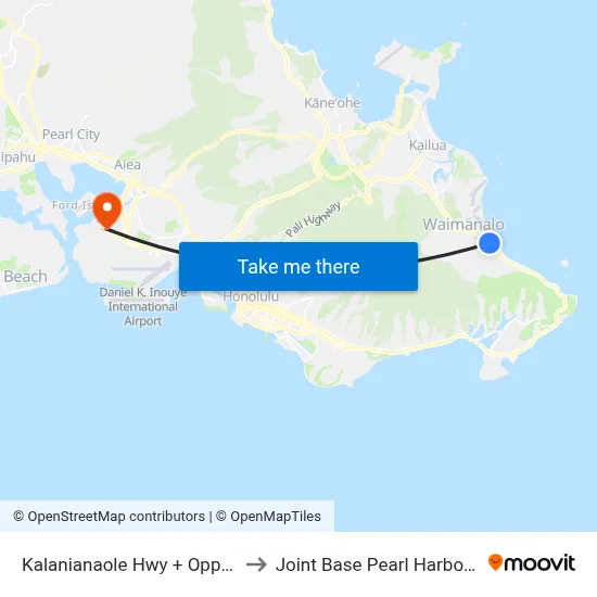 Kalanianaole Hwy + Opp Aloiloi St to Joint Base Pearl Harbor Hickam map