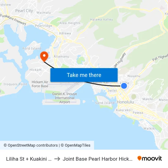 Liliha St + Kuakini St to Joint Base Pearl Harbor Hickam map