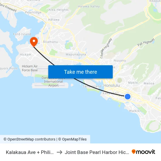 Kalakaua Ave + Philip St to Joint Base Pearl Harbor Hickam map