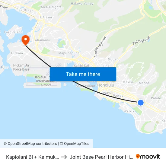Kapiolani Bl + Kaimuki Ave to Joint Base Pearl Harbor Hickam map