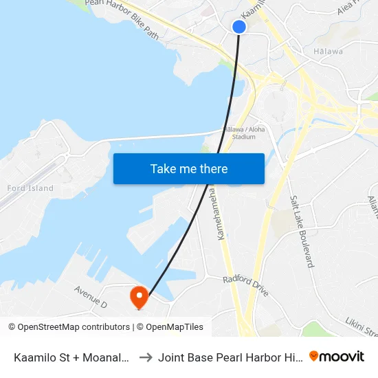 Kaamilo St + Moanalua Rd to Joint Base Pearl Harbor Hickam map