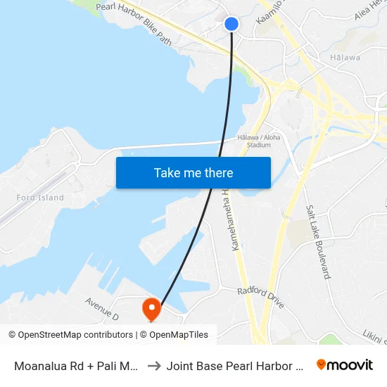 Moanalua Rd + Pali Momi St to Joint Base Pearl Harbor Hickam map