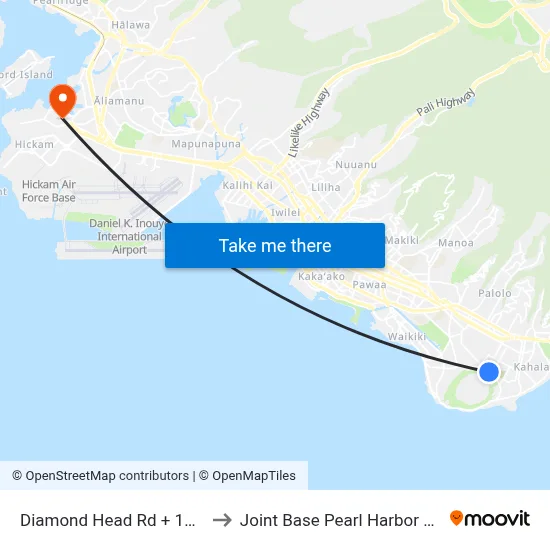 Diamond Head Rd + 18th Ave to Joint Base Pearl Harbor Hickam map
