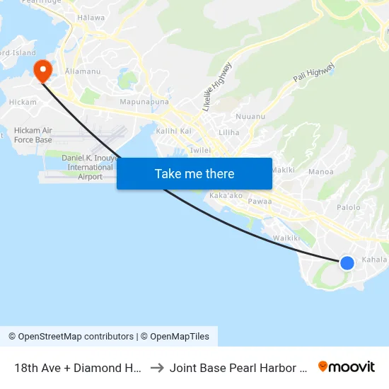 18th Ave + Diamond Head Rd to Joint Base Pearl Harbor Hickam map