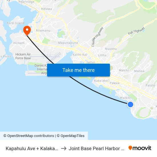 Kapahulu Ave + Kalakaua Ave to Joint Base Pearl Harbor Hickam map