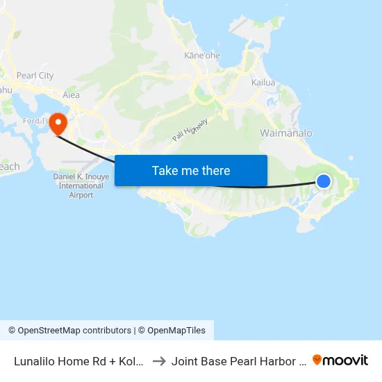 Lunalilo Home Rd + Kolokolo St to Joint Base Pearl Harbor Hickam map