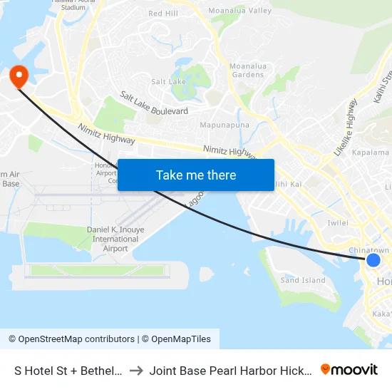S Hotel St + Bethel St to Joint Base Pearl Harbor Hickam map
