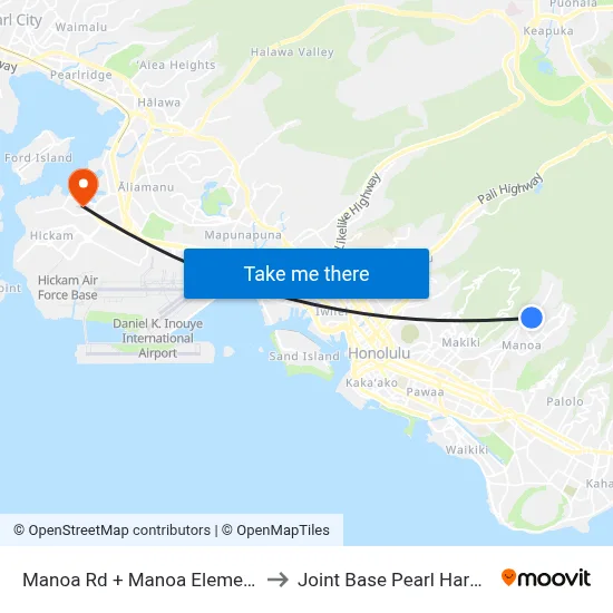 Manoa Rd + Manoa Elementary School to Joint Base Pearl Harbor Hickam map