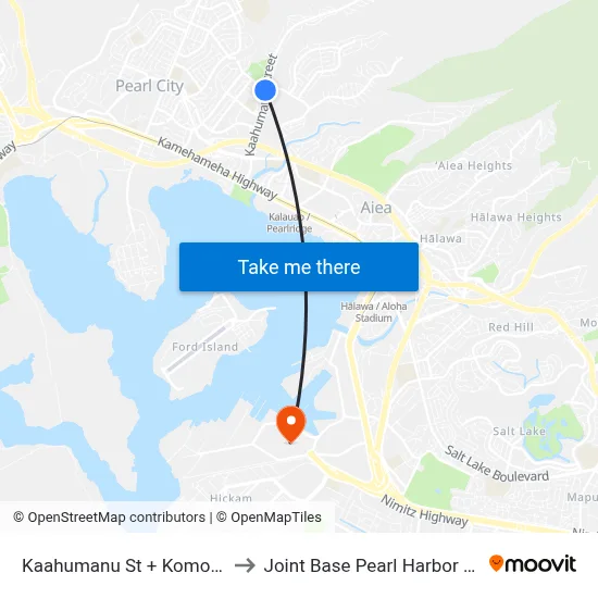 Kaahumanu St + Komo Mai Dr to Joint Base Pearl Harbor Hickam map