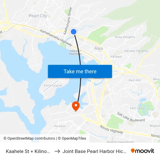 Kaahele St + Kilinoe St to Joint Base Pearl Harbor Hickam map