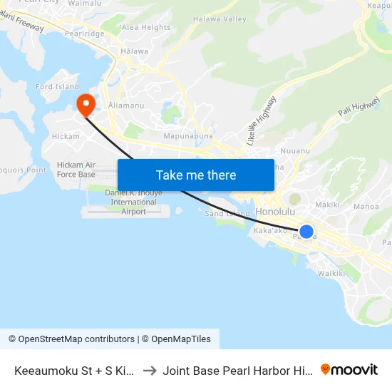 Keeaumoku St + S King St to Joint Base Pearl Harbor Hickam map