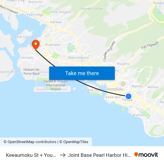 Keeaumoku St + Young St to Joint Base Pearl Harbor Hickam map