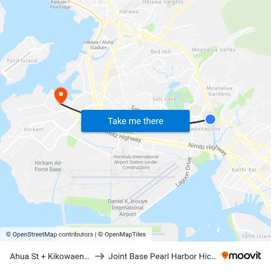 Ahua St + Kikowaena St to Joint Base Pearl Harbor Hickam map