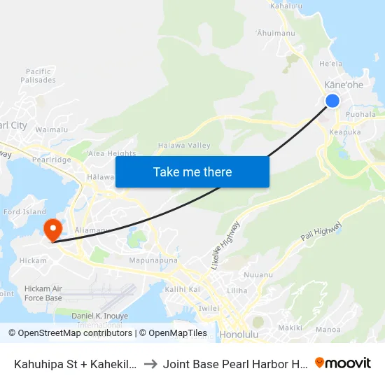Kahuhipa St + Kahekili Hwy to Joint Base Pearl Harbor Hickam map