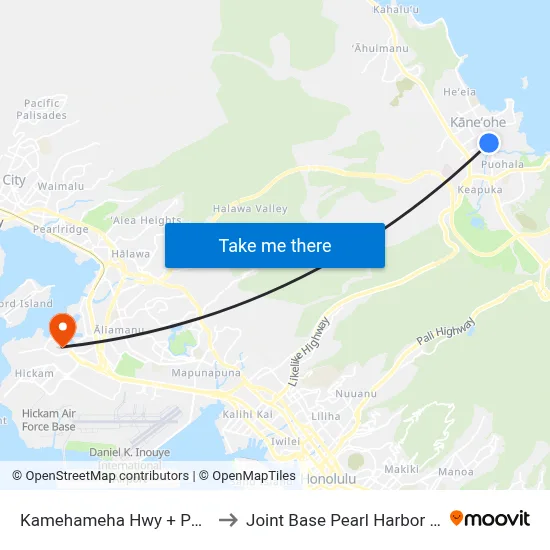 Kamehameha Hwy + Paleka Rd to Joint Base Pearl Harbor Hickam map