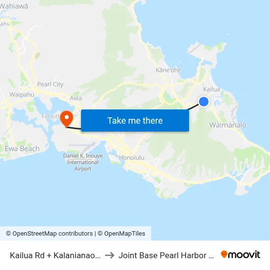 Kailua Rd + Kalanianaole Hwy to Joint Base Pearl Harbor Hickam map