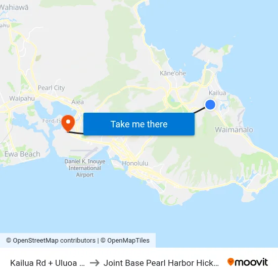Kailua Rd + Uluoa St to Joint Base Pearl Harbor Hickam map
