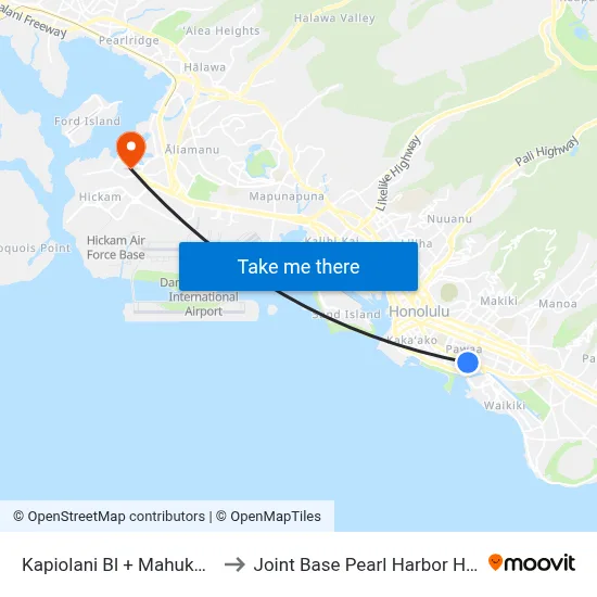 Kapiolani Bl + Mahukona St to Joint Base Pearl Harbor Hickam map