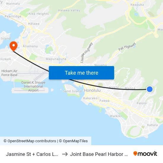 Jasmine St + Carlos Long St to Joint Base Pearl Harbor Hickam map