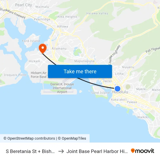 S Beretania St + Bishop St to Joint Base Pearl Harbor Hickam map