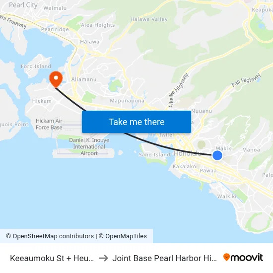 Keeaumoku St + Heulu St to Joint Base Pearl Harbor Hickam map
