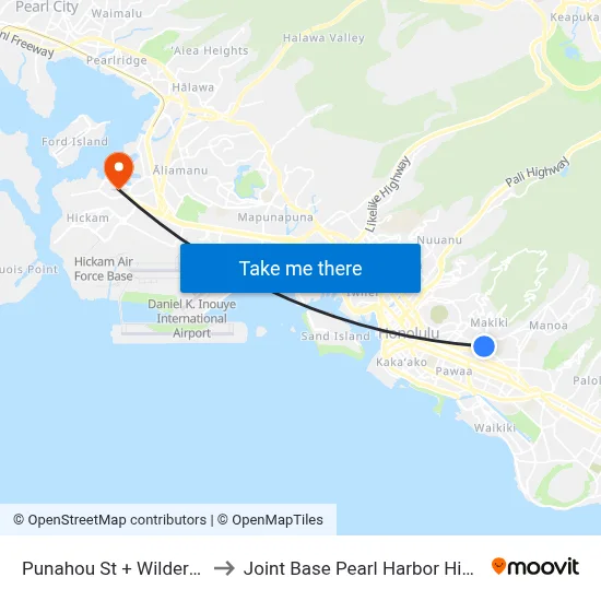 Punahou St + Wilder Ave to Joint Base Pearl Harbor Hickam map