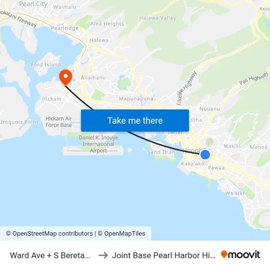 Ward Ave + S Beretania St to Joint Base Pearl Harbor Hickam map