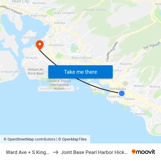 Ward Ave + S King St to Joint Base Pearl Harbor Hickam map