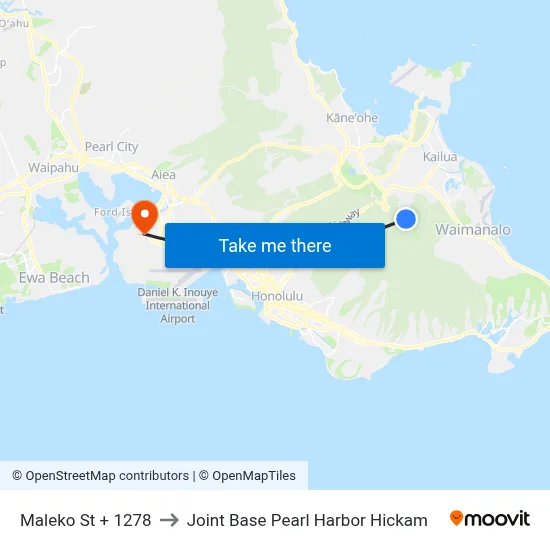 Maleko St + 1278 to Joint Base Pearl Harbor Hickam map