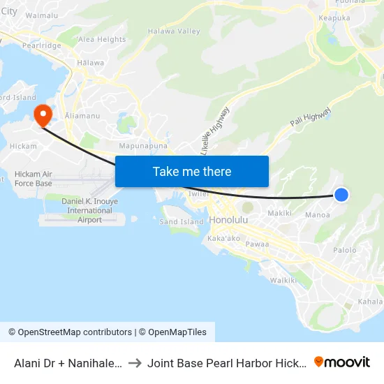 Alani Dr + Nanihale Pl to Joint Base Pearl Harbor Hickam map