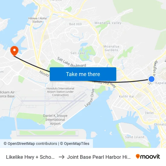 Likelike Hwy + School St to Joint Base Pearl Harbor Hickam map