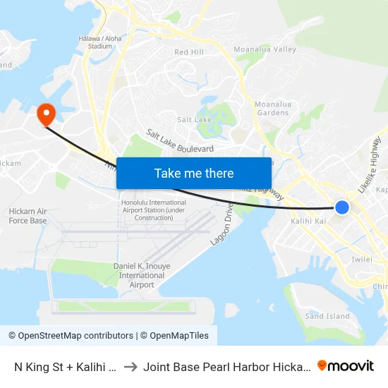 N King St + Kalihi St to Joint Base Pearl Harbor Hickam map