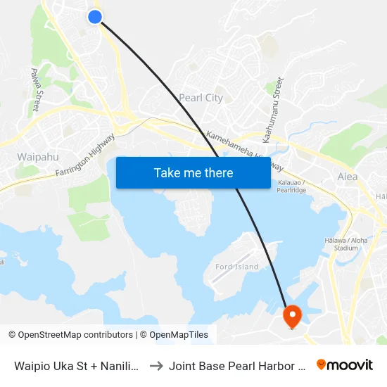 Waipio Uka St + Nanilihilihi St to Joint Base Pearl Harbor Hickam map