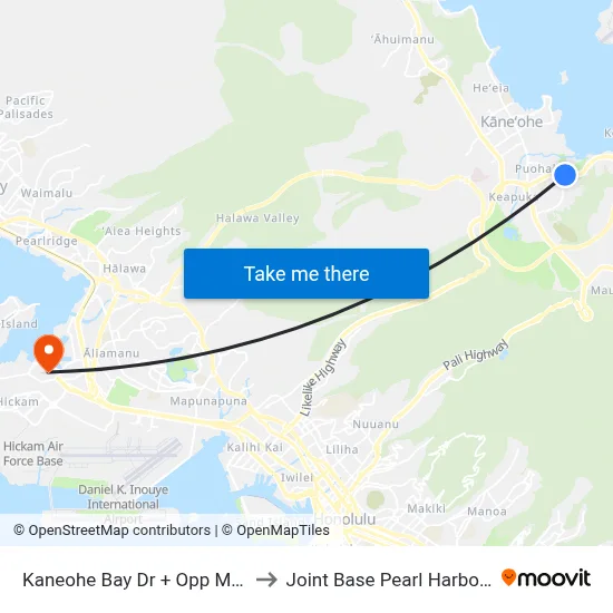 Kaneohe Bay Dr + Opp Mokulele Dr to Joint Base Pearl Harbor Hickam map