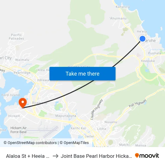 Alaloa St + Heeia St to Joint Base Pearl Harbor Hickam map