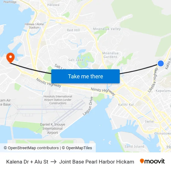 Kalena Dr + Alu St to Joint Base Pearl Harbor Hickam map