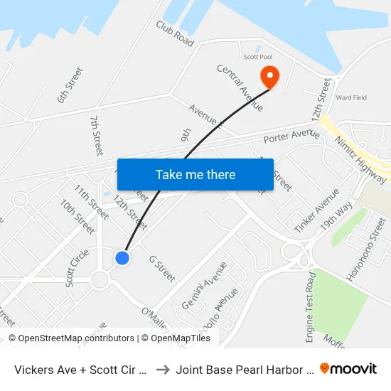 Vickers Ave + Scott Cir (Mauka) to Joint Base Pearl Harbor Hickam map