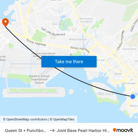Queen St + Punchbowl St to Joint Base Pearl Harbor Hickam map