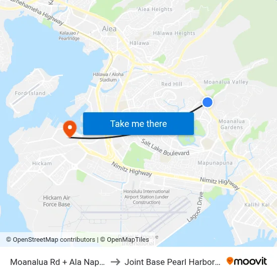 Moanalua Rd + Ala Napunani St to Joint Base Pearl Harbor Hickam map
