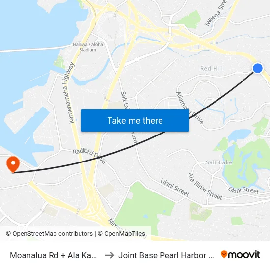 Moanalua Rd + Ala Kapuna St to Joint Base Pearl Harbor Hickam map