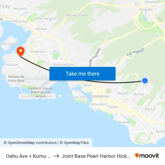Oahu Ave + Kumu St to Joint Base Pearl Harbor Hickam map