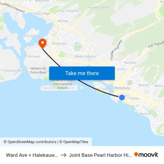 Ward Ave + Halekauwila St to Joint Base Pearl Harbor Hickam map