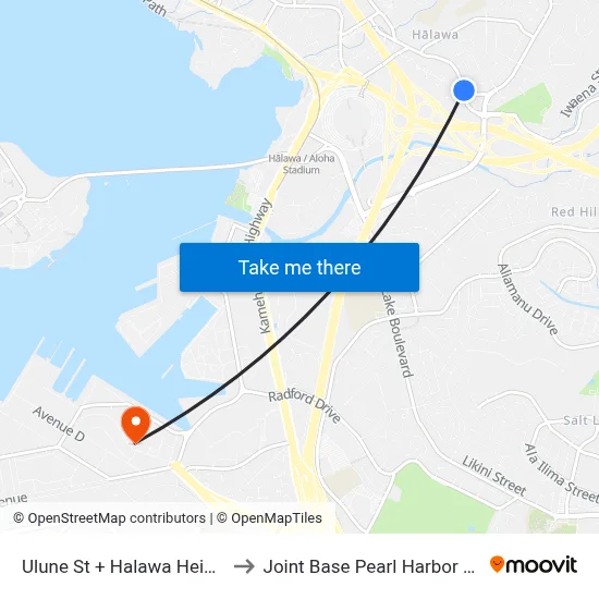 Ulune St + Halawa Heights Rd to Joint Base Pearl Harbor Hickam map