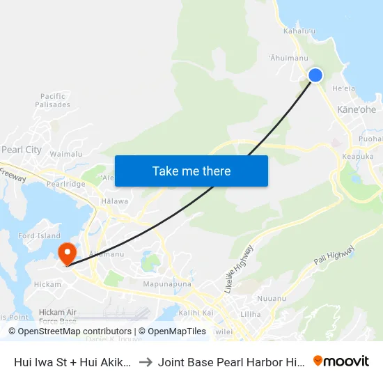 Hui Iwa St + Hui Akikiki Pl to Joint Base Pearl Harbor Hickam map