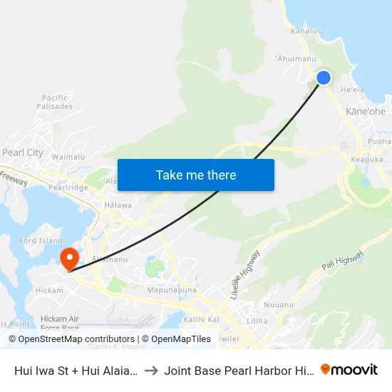 Hui Iwa St + Hui Alaiaha Pl to Joint Base Pearl Harbor Hickam map