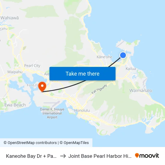 Kaneohe Bay Dr + Paku Pl to Joint Base Pearl Harbor Hickam map