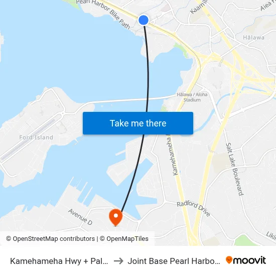 Kamehameha Hwy + Pali Momi St to Joint Base Pearl Harbor Hickam map