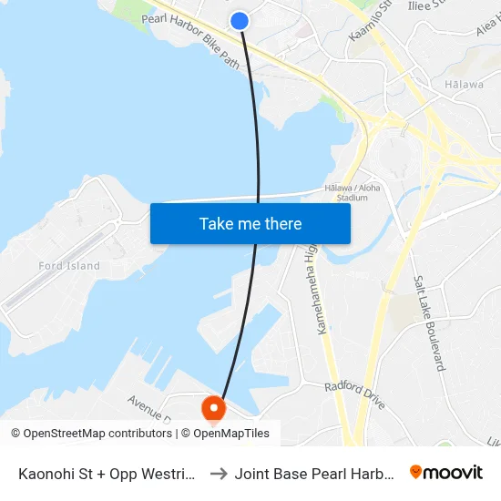 Kaonohi St + Opp Westridge Center to Joint Base Pearl Harbor Hickam map